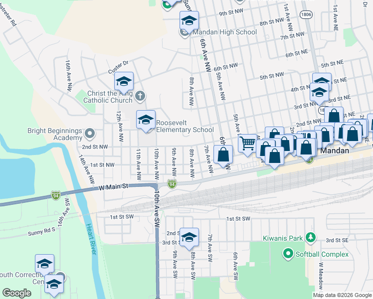 map of restaurants, bars, coffee shops, grocery stores, and more near 900-946 2nd Street Northwest in Mandan