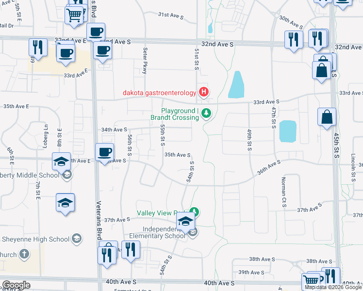 map of restaurants, bars, coffee shops, grocery stores, and more near 5465 Tyler Avenue South in Fargo