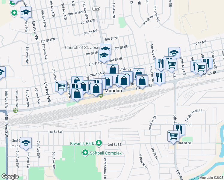 map of restaurants, bars, coffee shops, grocery stores, and more near in Mandan