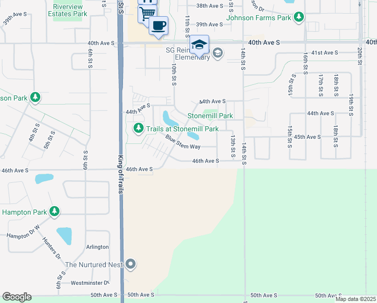 map of restaurants, bars, coffee shops, grocery stores, and more near 4523 Blue Stem Way in Moorhead