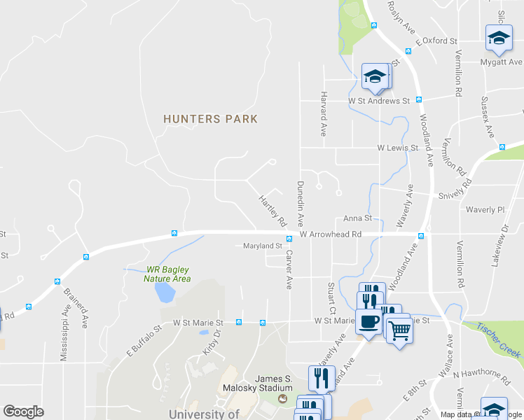 map of restaurants, bars, coffee shops, grocery stores, and more near 1933 Hartley Road in Duluth