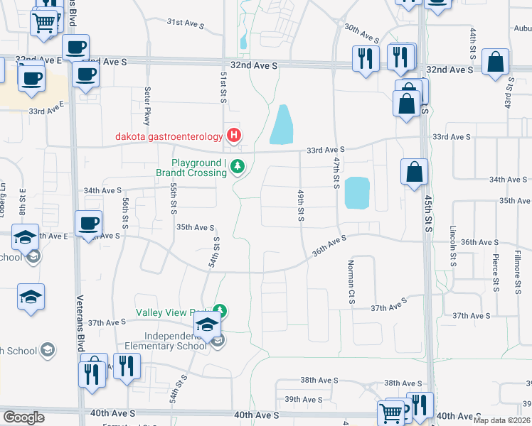 map of restaurants, bars, coffee shops, grocery stores, and more near 4986 35th Avenue South in Fargo