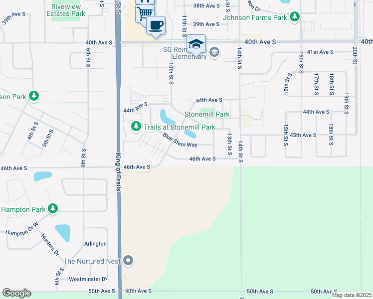 map of restaurants, bars, coffee shops, grocery stores, and more near 4523 Blue Stem Way in Moorhead