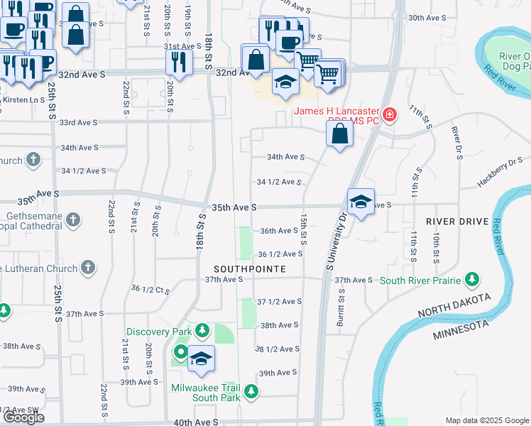 map of restaurants, bars, coffee shops, grocery stores, and more near 1614 35th Avenue South in Fargo
