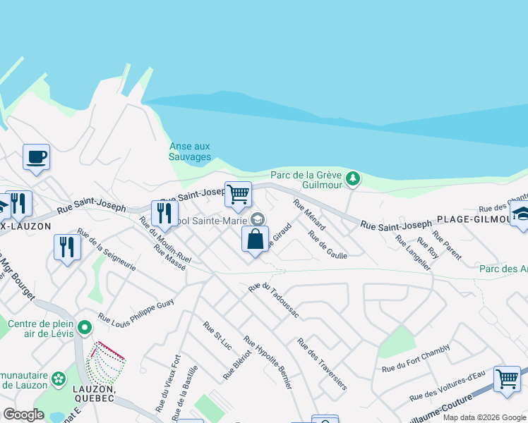 map of restaurants, bars, coffee shops, grocery stores, and more near 18 Rue Antoine-Boutin in Lévis