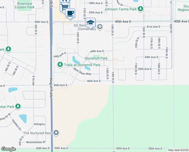 map of restaurants, bars, coffee shops, grocery stores, and more near 4571 Blue Stem Way in Moorhead