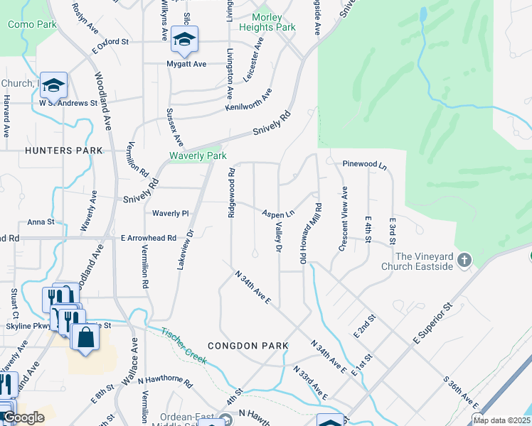 map of restaurants, bars, coffee shops, grocery stores, and more near 323 Aspen Lane in Duluth