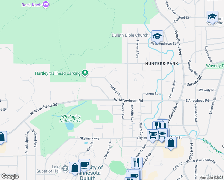 map of restaurants, bars, coffee shops, grocery stores, and more near 1933 Hartley Road in Duluth