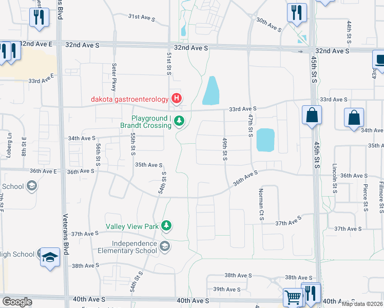 map of restaurants, bars, coffee shops, grocery stores, and more near 4986 35th Avenue South in Fargo