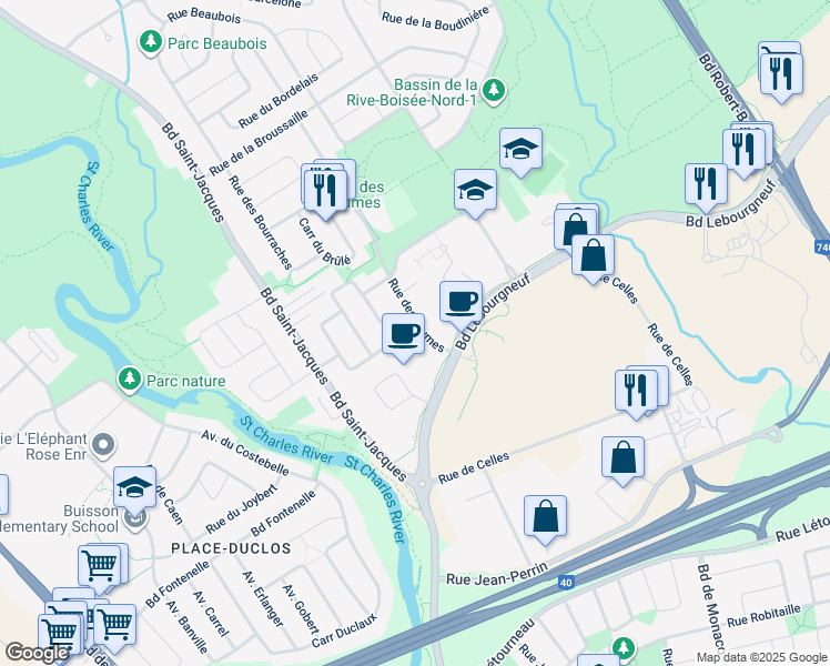 map of restaurants, bars, coffee shops, grocery stores, and more near 6193 Carré des Alluvions in Ville de Québec