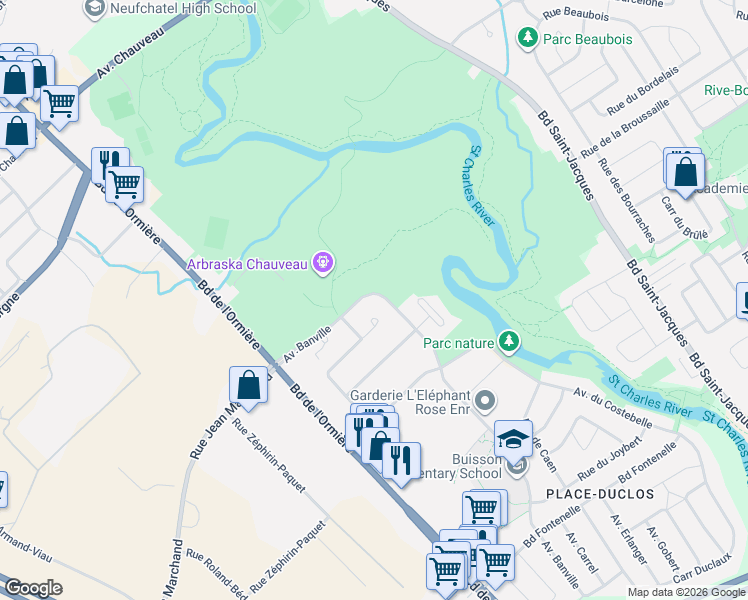 map of restaurants, bars, coffee shops, grocery stores, and more near 6345 Avenue Banville in Québec