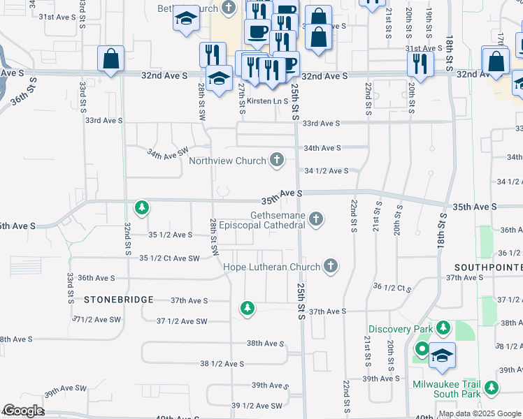 map of restaurants, bars, coffee shops, grocery stores, and more near 2610 35th Ave S in Fargo