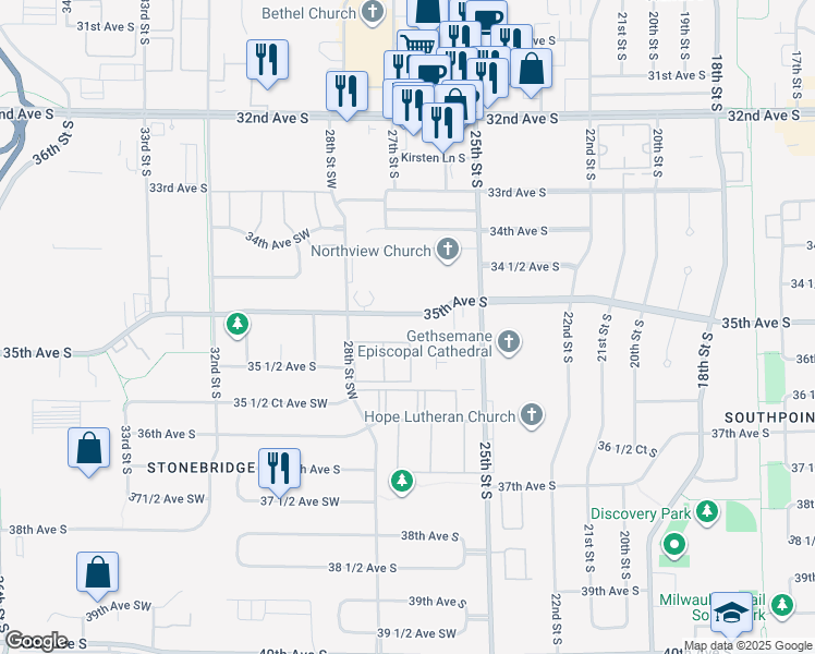 map of restaurants, bars, coffee shops, grocery stores, and more near 2610 35th Avenue South in Fargo