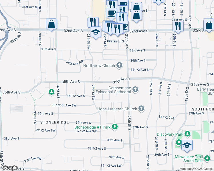 map of restaurants, bars, coffee shops, grocery stores, and more near 2704 35th Avenue South in Fargo