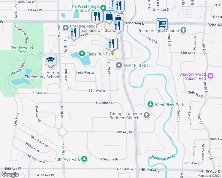 map of restaurants, bars, coffee shops, grocery stores, and more near 3523 5th St W in West Fargo