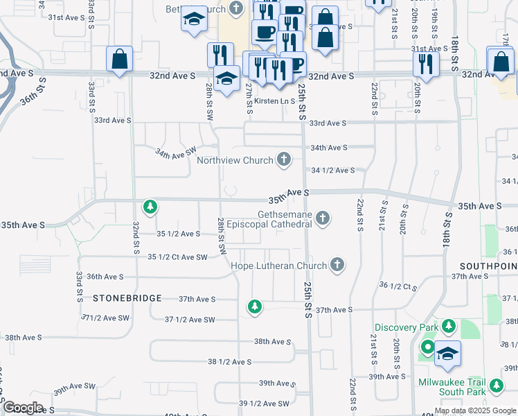 map of restaurants, bars, coffee shops, grocery stores, and more near 2610 35th Avenue South in Fargo
