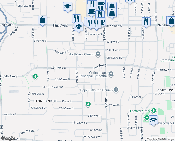 map of restaurants, bars, coffee shops, grocery stores, and more near 2704 35th Avenue South in Fargo