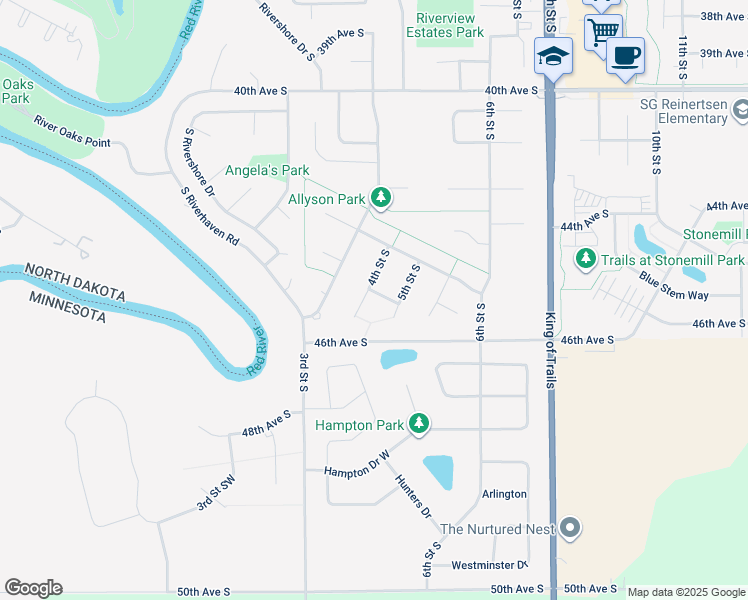map of restaurants, bars, coffee shops, grocery stores, and more near 4512 4th Street South in Moorhead