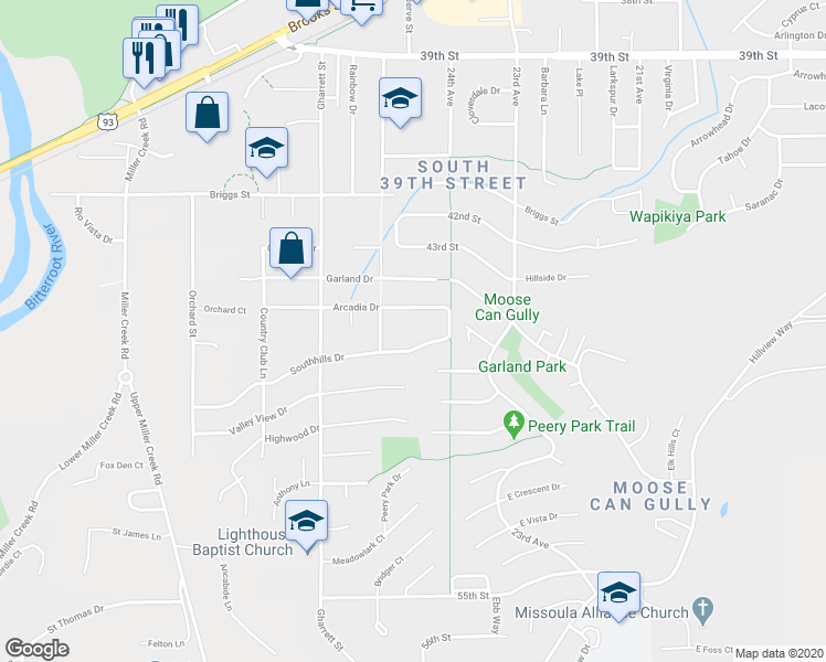 map of restaurants, bars, coffee shops, grocery stores, and more near 2408 Southhills Drive in Missoula
