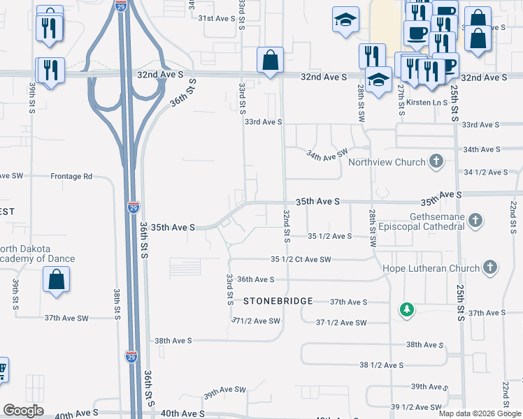 map of restaurants, bars, coffee shops, grocery stores, and more near 3260 35th Avenue South in Fargo