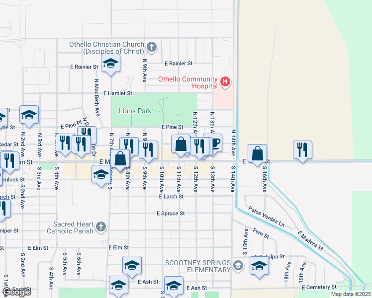 map of restaurants, bars, coffee shops, grocery stores, and more near 1120 East Cedar Street in Othello