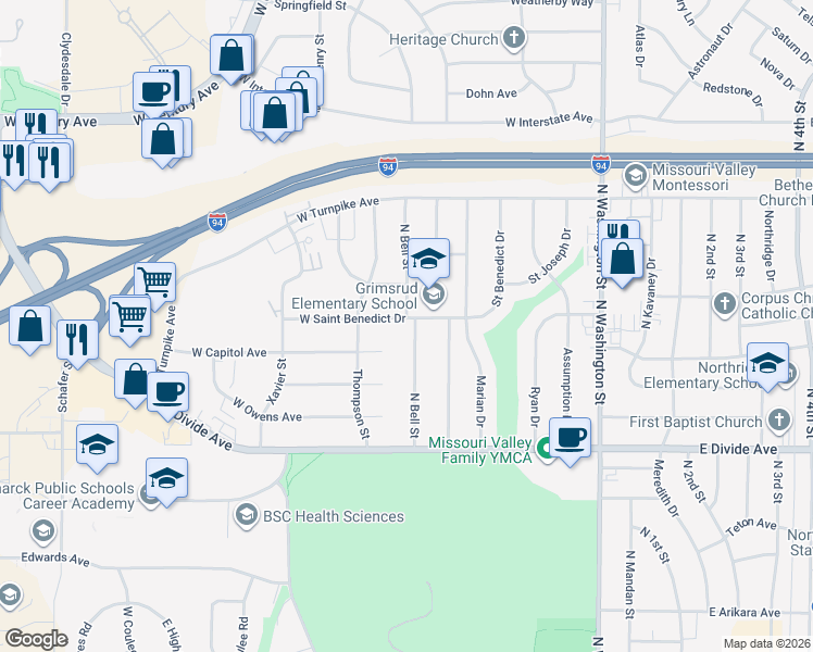 map of restaurants, bars, coffee shops, grocery stores, and more near 1912 North Bell Street in Bismarck