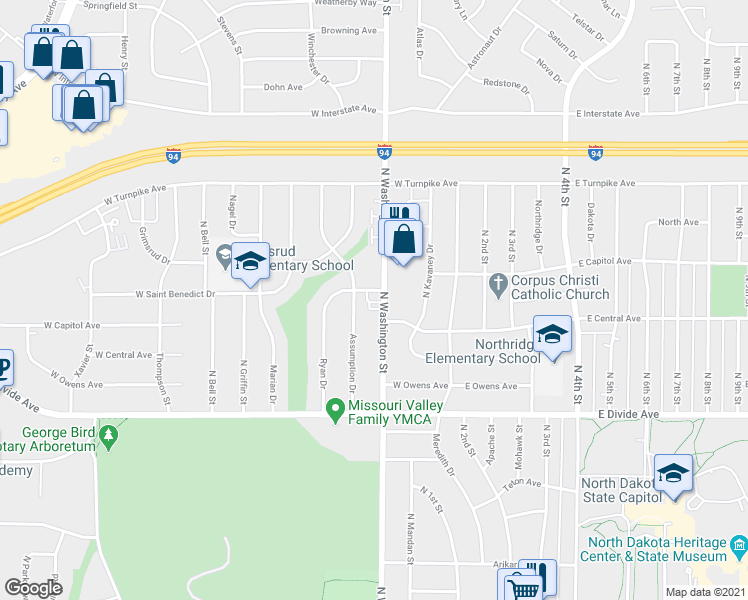 map of restaurants, bars, coffee shops, grocery stores, and more near 1912 North Washington Street in Bismarck