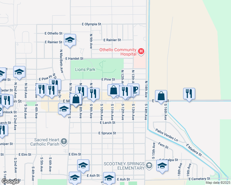 map of restaurants, bars, coffee shops, grocery stores, and more near 1120 East Cedar Street in Othello
