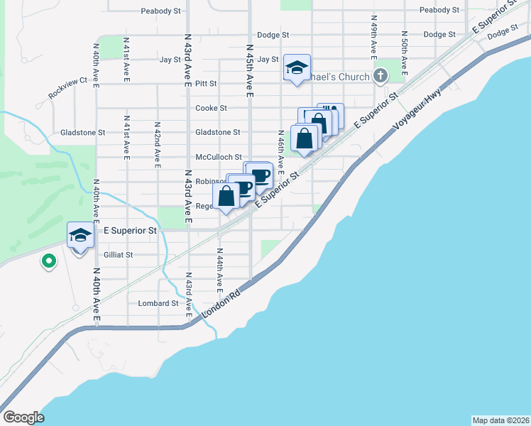 map of restaurants, bars, coffee shops, grocery stores, and more near 4502 East Superior Street in Duluth
