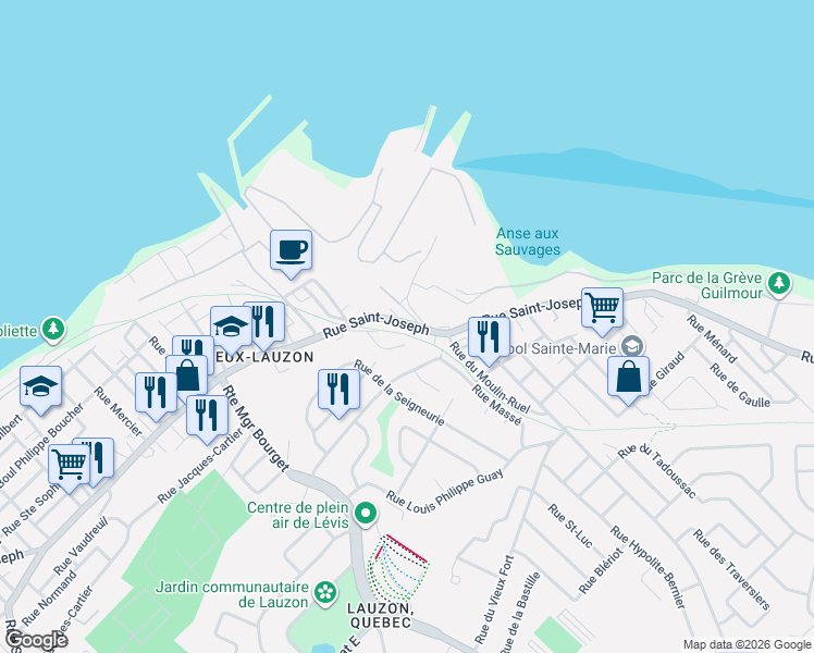 map of restaurants, bars, coffee shops, grocery stores, and more near 390 Rue Saint-Joseph in Lévis