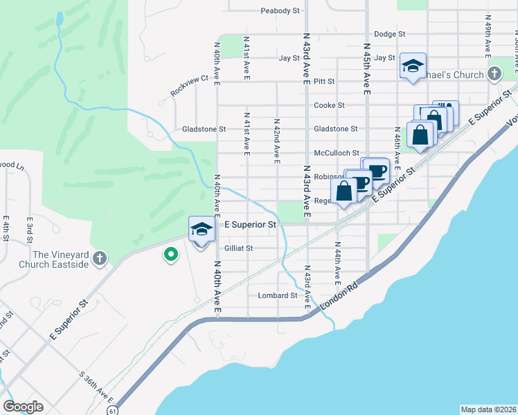 map of restaurants, bars, coffee shops, grocery stores, and more near 4112 Regent Street in Duluth