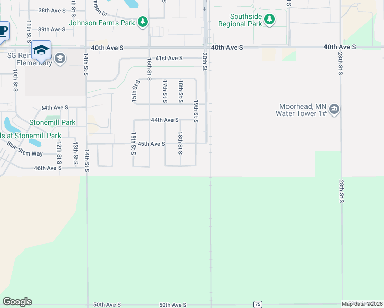 map of restaurants, bars, coffee shops, grocery stores, and more near 4529 19th Street South in Moorhead