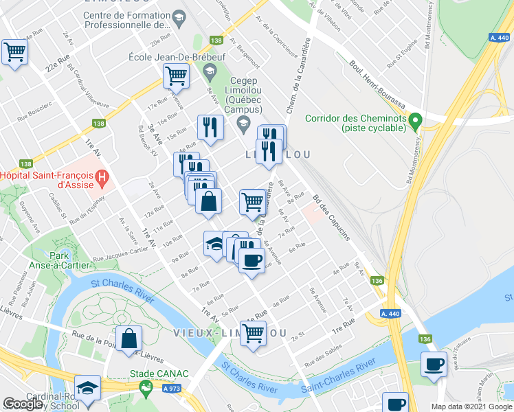 map of restaurants, bars, coffee shops, grocery stores, and more near 479 9e Rue in Québec