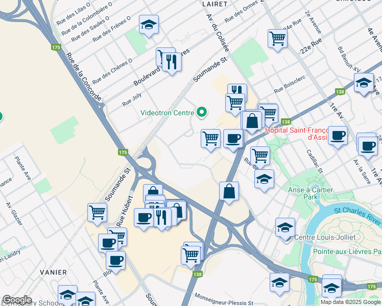 map of restaurants, bars, coffee shops, grocery stores, and more near in Québec City