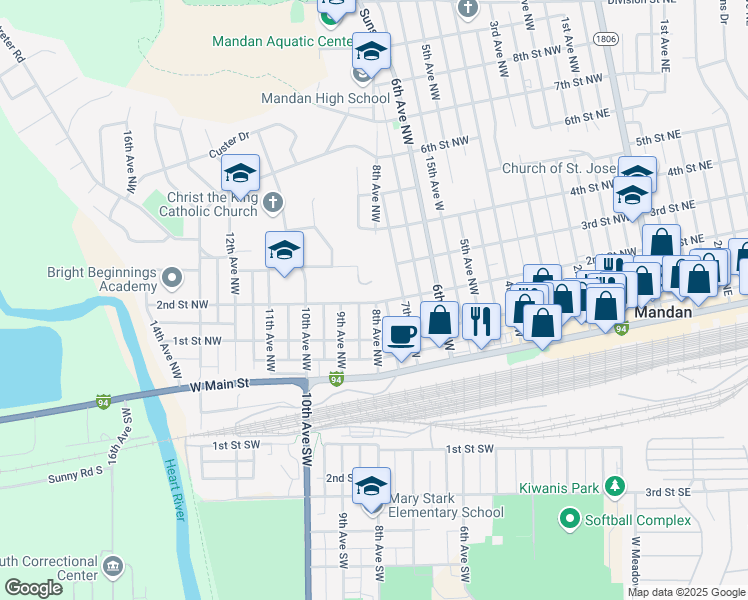 map of restaurants, bars, coffee shops, grocery stores, and more near 900 2nd Street Northwest in Mandan