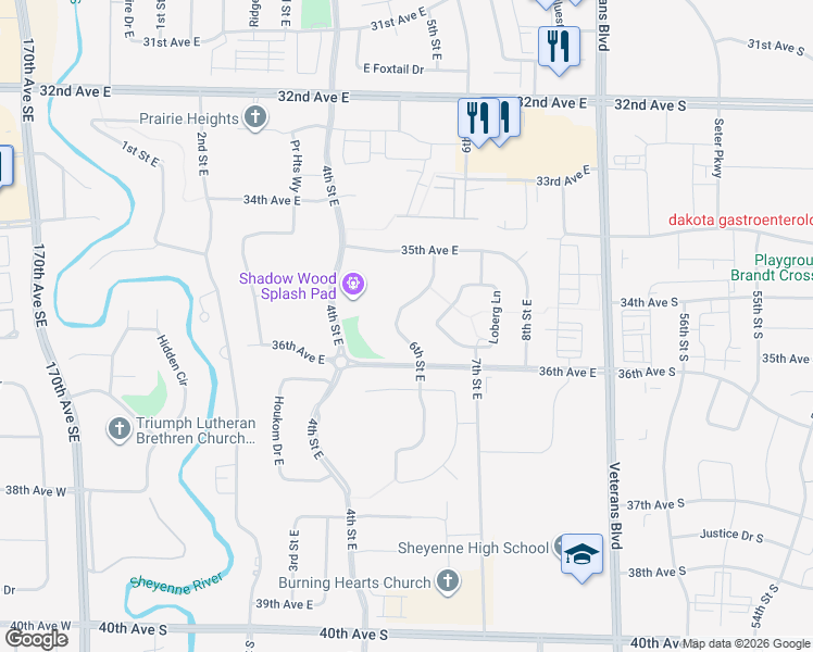 map of restaurants, bars, coffee shops, grocery stores, and more near 3557 6th St E in West Fargo