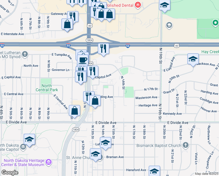 map of restaurants, bars, coffee shops, grocery stores, and more near 1419 East Central Avenue in Bismarck