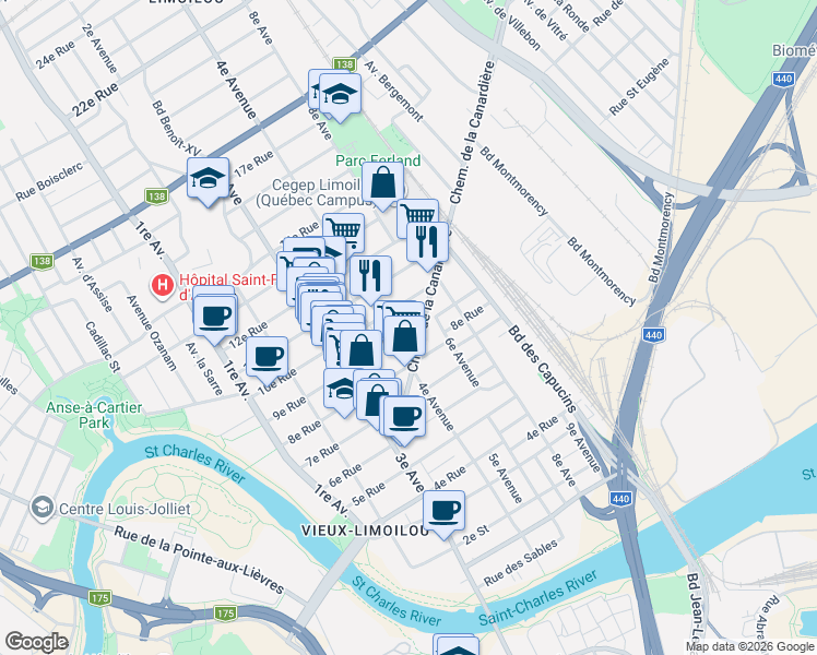 map of restaurants, bars, coffee shops, grocery stores, and more near 479 9e Rue in Québec