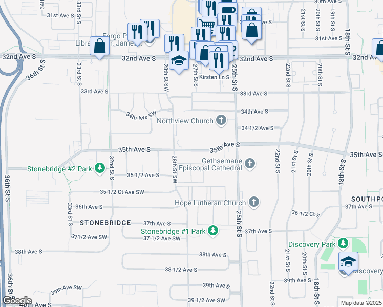 map of restaurants, bars, coffee shops, grocery stores, and more near 2704 35th Avenue South in Fargo
