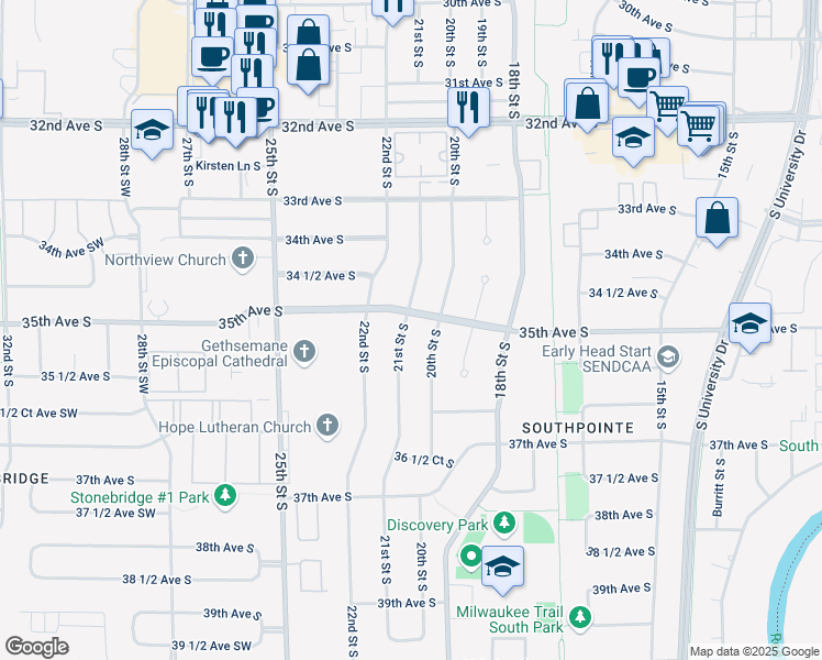 map of restaurants, bars, coffee shops, grocery stores, and more near 3508 21st Street South in Fargo