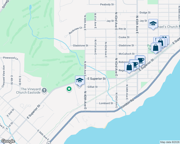 map of restaurants, bars, coffee shops, grocery stores, and more near 4014 Regent Street in Duluth