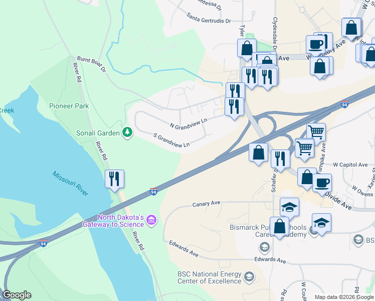 map of restaurants, bars, coffee shops, grocery stores, and more near 1879 South Grandview Lane in Bismarck