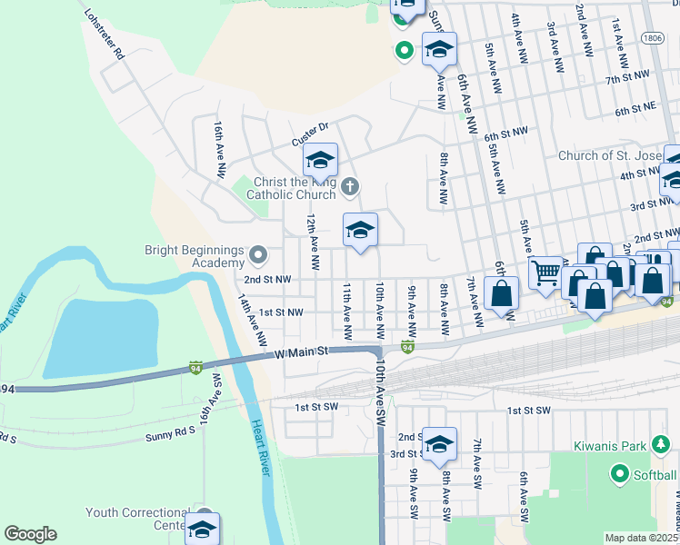 map of restaurants, bars, coffee shops, grocery stores, and more near 301 11th Avenue Northwest in Mandan