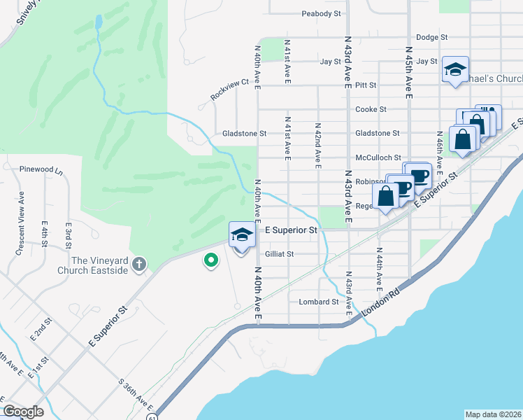 map of restaurants, bars, coffee shops, grocery stores, and more near 4014 Regent Street in Duluth