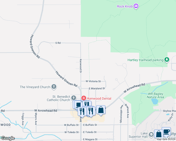 map of restaurants, bars, coffee shops, grocery stores, and more near 1215 West Victoria Street in Duluth