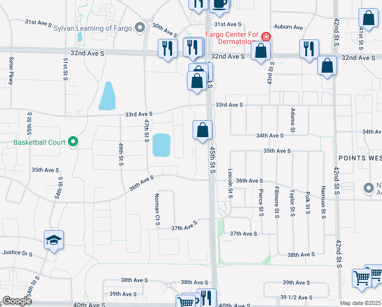 map of restaurants, bars, coffee shops, grocery stores, and more near 3491 45th Street South in Fargo
