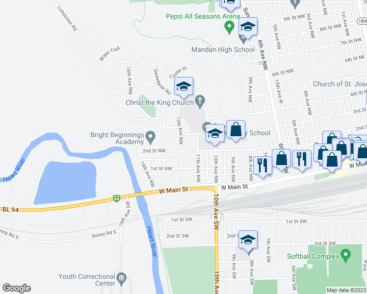 map of restaurants, bars, coffee shops, grocery stores, and more near 1210 2nd Street Northwest in Mandan