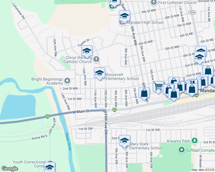 map of restaurants, bars, coffee shops, grocery stores, and more near 300 10th Avenue Northwest in Mandan