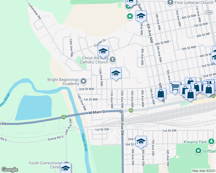 map of restaurants, bars, coffee shops, grocery stores, and more near 301 11th Avenue Northwest in Mandan