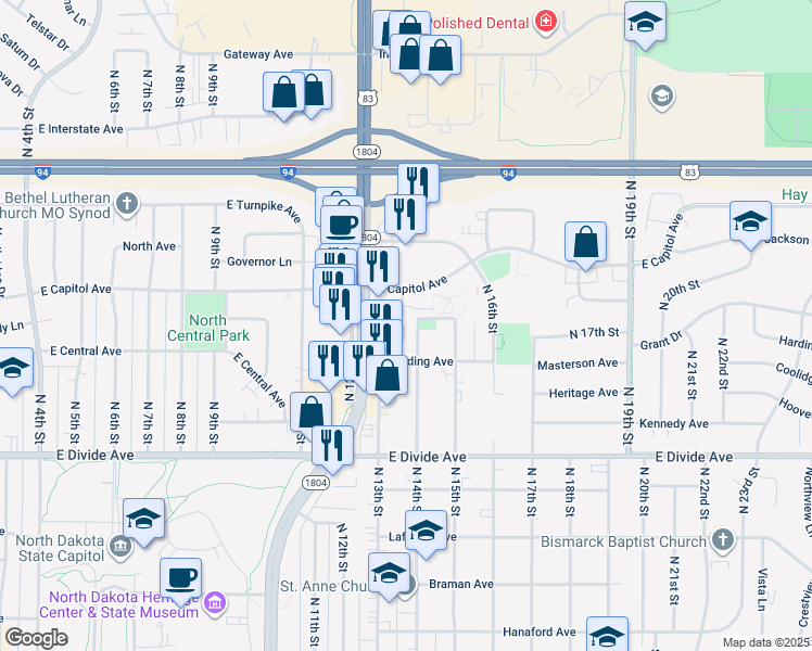 map of restaurants, bars, coffee shops, grocery stores, and more near 1928 North 14th Street in Bismarck